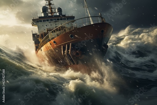  Cargo Ship Sailing Through A Stormy Sea, Generative AI