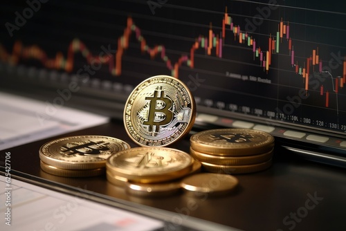 Golden Bitcoin crypto currency on digital graphic background. Golden coins. Generative ai. Analysis of bitcoin and cryptocurrency with conceptual chart and fluctuation graph. Crypto investment.