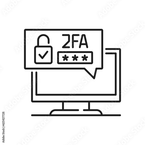 Two factor authentication icon, 2FA multi step secure verification, vector password and computer pictogram. 3FA two factor verification line icon with login password lock for access authentication