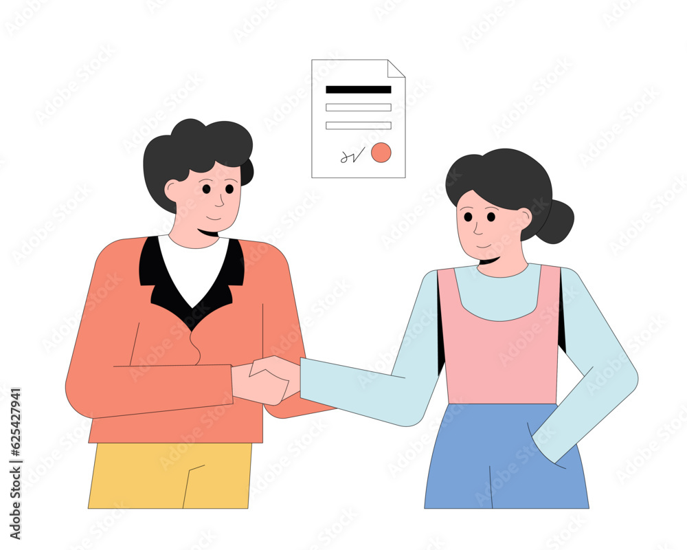 Business partnership. Businesspeople shaking hands. Woman and man standing near and conclude agreement. Effective business performance. Flat vector illustration in blue and red colors Business partnership. Businesspeople shaking hands. Woman and man standing near and conclude agreement. Effective business performance. Flat vector illustration in blue and red colors