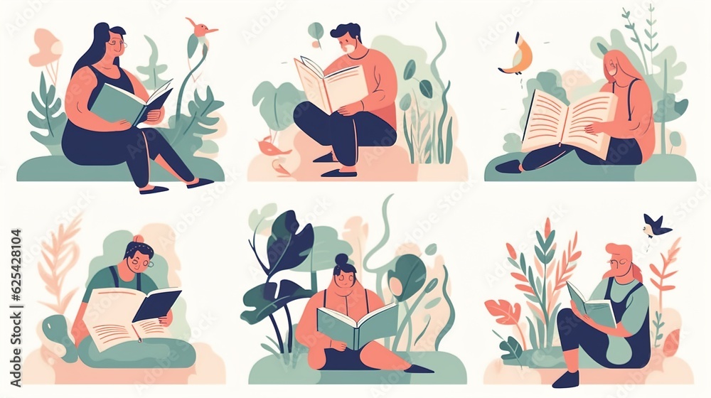 Book concepts set. Happy readers reading fiction, fantasy, fairytale, education and business literature for knowledge, wisdom.