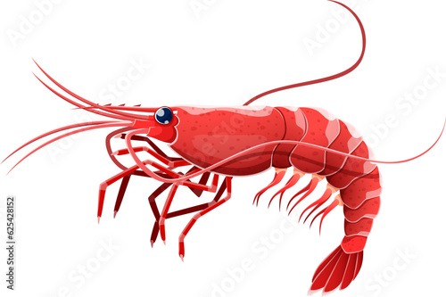Cartoon shrimp or prawn sea animal. Isolated small crustacean with slender body covered with hard exoskeleton and long antennae, found in marine habitats, prized for succulent meat in culinary dishes