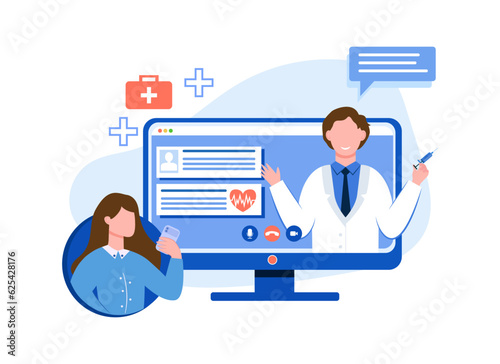 Male holding syringe and calling to patient on video call. Professional doctor consulting remotely. Providing medical advice to patient. Flat vector illustration in blue colors in cartoon style