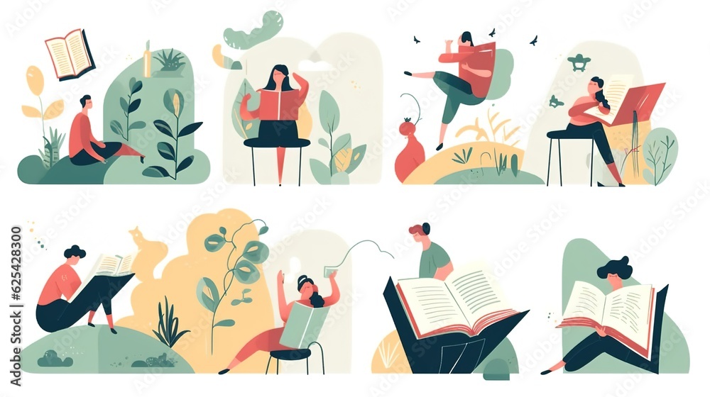 Book concepts set. Happy readers reading fiction, fantasy, fairytale, education and business literature for knowledge, wisdom. Book concepts set. Happy readers reading fiction, fantasy, fairytale, education and business literature for knowledge, wisdom.