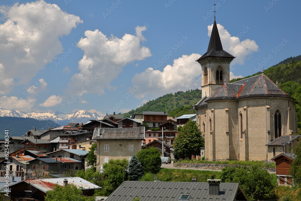 Fototapeta premium The village of Montagny, located above the commune Bozel, Northern French Alps, Tarentaise, Savoie, France, and surrounded by mountains