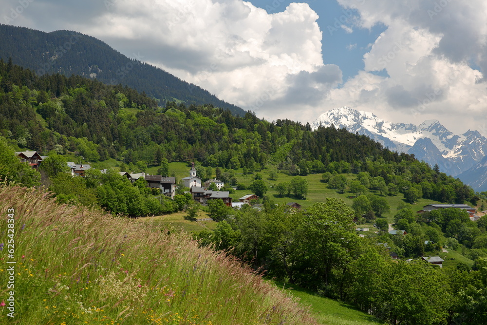 The village of Feissons sur Salins, located above the commune Bozel, Northern French Alps, Tarentaise, Savoie, France, with the Grand Bec summit in the background