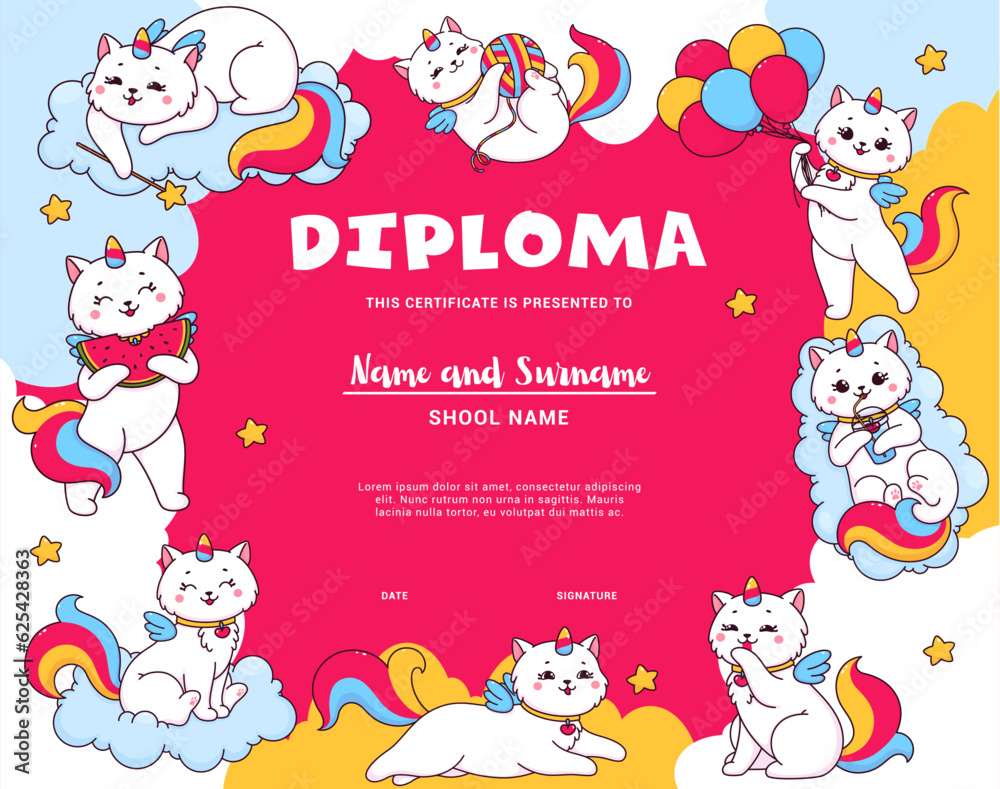 Kids diploma with cartoon cute caticorn characters, vector certificate award template. Funny kitty cat unicorn with rainbow tail on cloud for school or kindergarten workshop certificate diploma