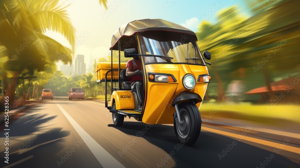 Asian tuk tuk taxi vector illustration Asian man driving tuk tuk, Sra Lanka, Thailand, India transport cartoon flat card