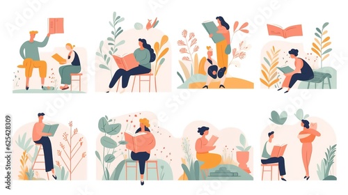 Wallpaper Mural Book concepts set. Happy readers reading fiction, fantasy, fairytale, education and business literature for knowledge, wisdom. Torontodigital.ca