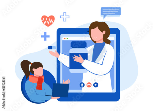 Nurse holding jar with pills and giving medicine to patient. Professional doctor consulting remotely. Providing medical advice to patient. Flat vector illustration in blue colors in cartoon style