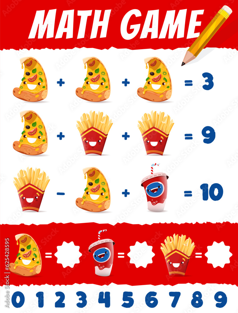 Obraz premium Math game worksheet, cartoon pizza, french fries and soda drink, vector mathematics quiz. Funny cartoon fast food characters in math game puzzle for addition and subtraction calculation skills