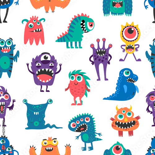 Cartoon monster characters seamless pattern, vector background with funny creatures. Cheerful bizarre alien animals and happy monsters, trolls and yeti bigfoot and cyclops with gremlin in pattern