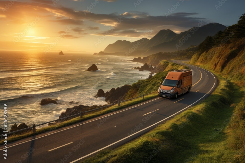 Delivery Van Driving Along A Scenic Coast, Generative AI
