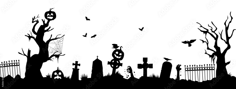 Halloween cemetery silhouette. Vector creepy graveyard with zombie hand, trees, bats, tombs, fence, jack lantern pumpkins and spider webs on white background. Horror night holiday necropolis design