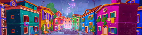 Old Germany city street with medieval houses in rain at night. German city with stone buildings and cottages, road and plants in storm weather with lightning, vector cartoon illustration © klyaksun