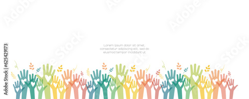 Raised hands. Volunteering, teamwork concert.