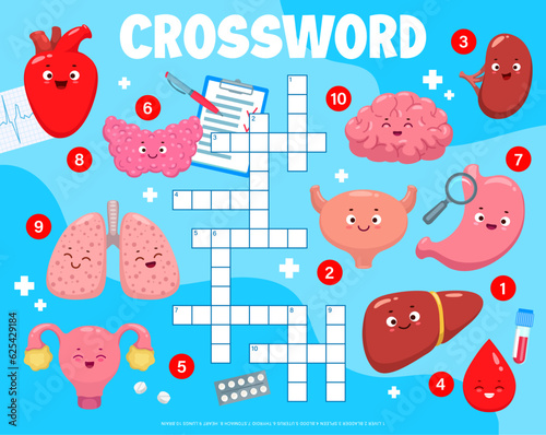 Crossword quiz game grid with cartoon body organ characters, vector worksheet for kids. Funny heart, brain and liver with lungs and kidney characters on anatomy cross word or guess word grid game