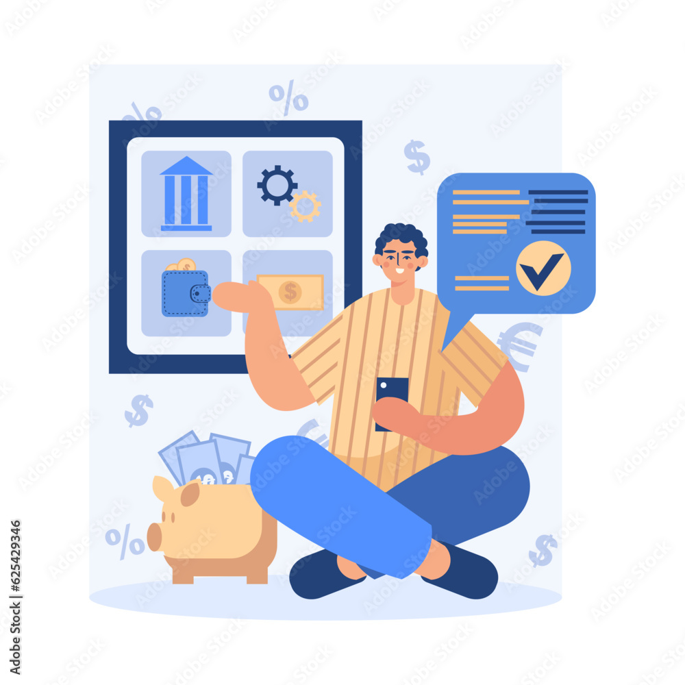 Male holding phone, using online banking. Successful financial transactions online. Personal account of payer. Online banking concept. Flat vector illustration in blue and yellow colors