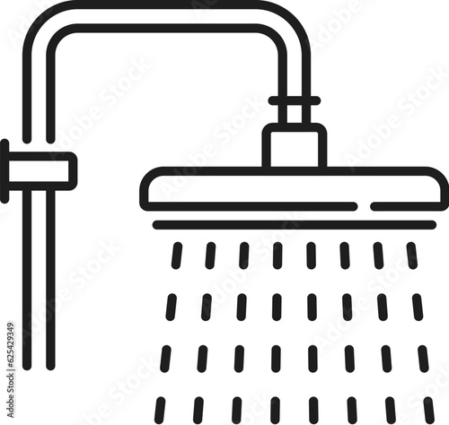 Overhead shower thin line icon. Concept of not economical water consumption and falling drip, vector hotel service sign