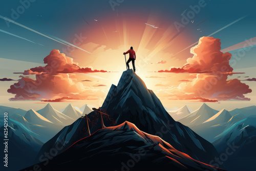 Vector art of businessman trying to climb to the top of the mountain with word success wide angle cartoon vector picture