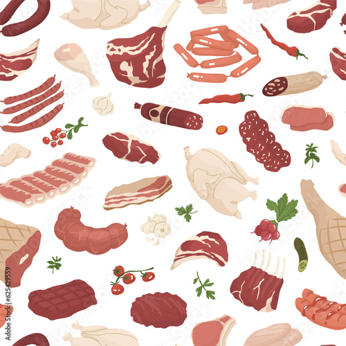 Seamless pattern with meat products and vegetables. Fresh chicken, beef, pork fillet  and sausages. Concept for farms and food markets. Vector illustration isolated on white background.