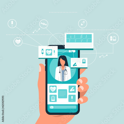 Human holding smartphone and selecting medical support. Online medical advice, consultation service and telemedicine. Digital prescriptions and teletherapy. Flat vector illustration in cartoon style