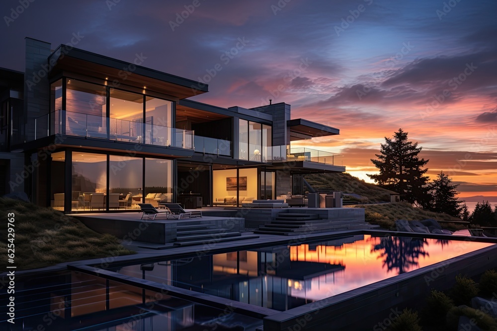 Contemporary residence in Oregon during sunset. Contemporary residence in Oregon during sunset.