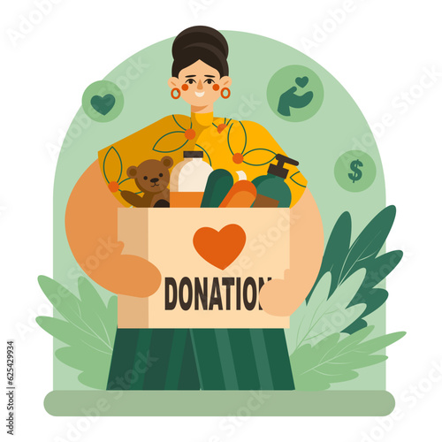 Smiling female holding box with toys, soap and food. Voluntary community assistance to people. Charity and donations concept. Flat vector illustration in cartoon style in green and orange colors