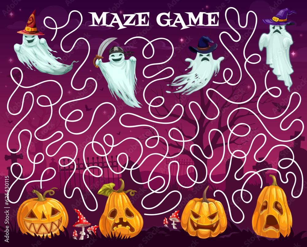 Halloween Labyrinth Maze Cartoon Ghosts And Pumpkins On Cemetery halloween-labyrinth-maze-cartoon-ghosts-and-pumpkins-on-cemetery