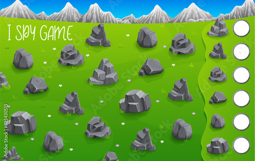 I spy game grey rock stones on mountains landscape. Kids vector counting and calculation riddle with cartoon rocks on green grass. How many stones children test, education task for baby learning