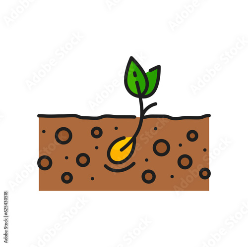 Seed growth in soil agriculture color line icon. Plant grow thin line vector pictogram with sprout seed growing in ground, agriculture or gardening icon. Seedling cultivation, farming outline sign