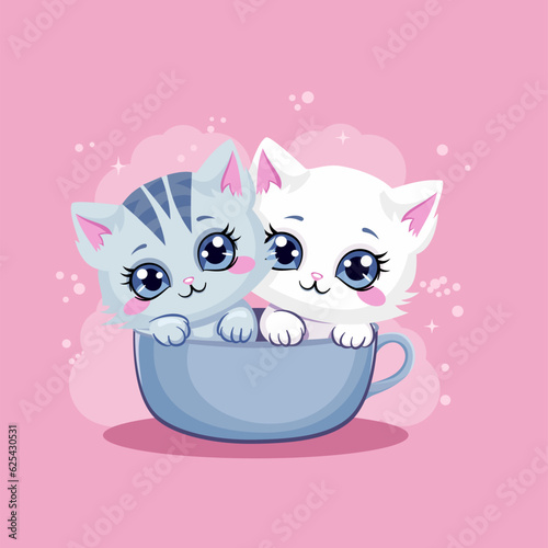 Cute vector illustration in cartoon style. Two kittens sitting in a tea mug. Gray and white kitten with big eyes. Vector illustration for printing on children's products. Vector illustration