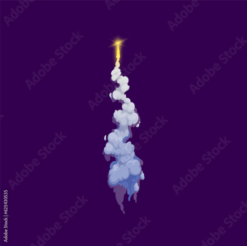 Cartoon rocket smoke trail path with fire flame of missile or plane launch, vector blast jet. Smoke trail or engine cloud steam of spaceship, spacecraft or ballistic rocket and space aircraft trail