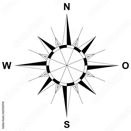 Kompass Rose Vektor mit Windrichtungen und deutscher Osten Bezeichnung. Isolierter Hintergrund.
Symbol für die Marine-, Schifffahrts- oder Trekking-Navigation oder zur Einbindung in eine Karte.