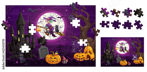 Halloween landscape jigsaw puzzle game pieces. Cartoon witch and pumpkins on cemetery. Right fragment match game, figure search vector playing activity vector worksheet with Halloween characters