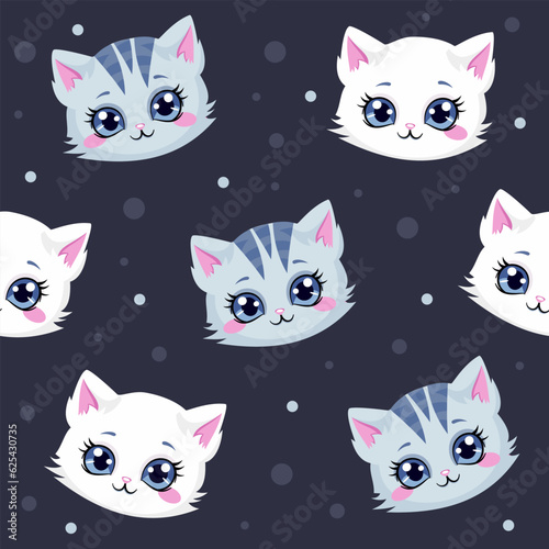 Cute seamless vector pattern. White and Gray kitten muzzles in cartoon style. Super cute pattern for children's products . Vector illustration