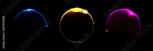 Realistic set of color solar eclipse effects isolated on black background. Vector illustration of neon blue, yellow, pink arch and circular lines glaring on night sky. Dark planet with blazing edge
