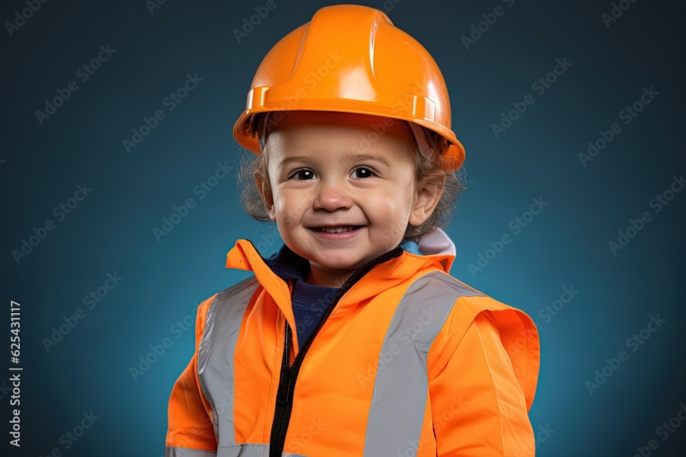 Portrait of a cute little boy in a construction helmet.Generative Ai