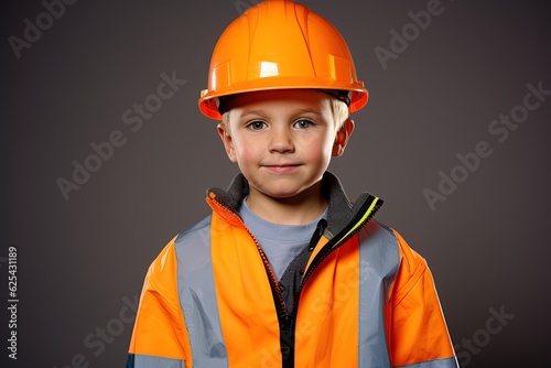 Portrait of a cute little boy in a construction helmet.Generative Ai © Rudsaphon