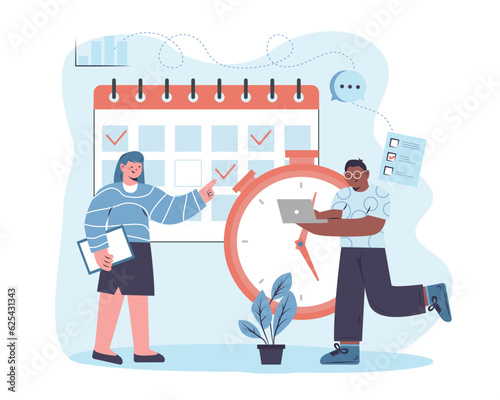 Woman and male planning work day on calendar. Multinational people managing their time effectively to meet deadline. Wise timing concept. Flat vector illustration in cartoon style