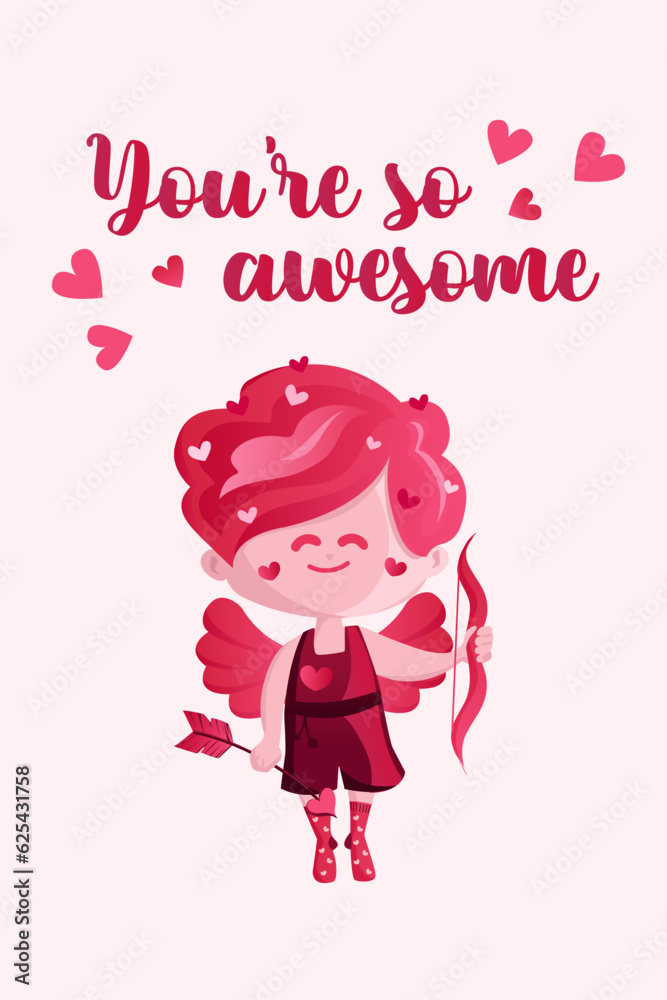 Obraz premium Vertical Greeting card for Valentine s Day with a cubidon. Vector, cartoon style. can be used to create heartfelt and romantic greetings to express love and affection on the special occasion.