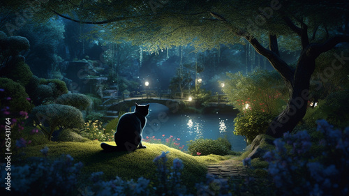 Nocturnal grey cat silhouette, sitting and looking at a beautiful garden