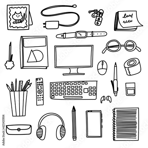 Doodle elements for the workplace. Vector, black and white illustration. can be used to create visually engaging and informative materials for office-related presentations, training materials