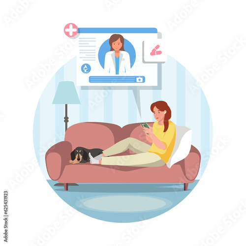 Female lying on bed and chatting with doctor via smartphone. Quick and easy way to receive medical advice and treatment from comfort of ones own home. Digital prescriptions and teletherapy. Vector