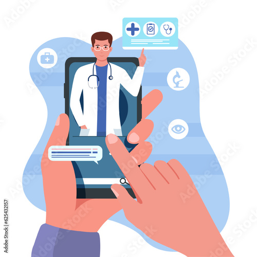 Hand selecting specialist and corresponding via mobile app to discuss treatment. Online medical consultation concept. Digital prescriptions and teletherapy. Flat vector illustration