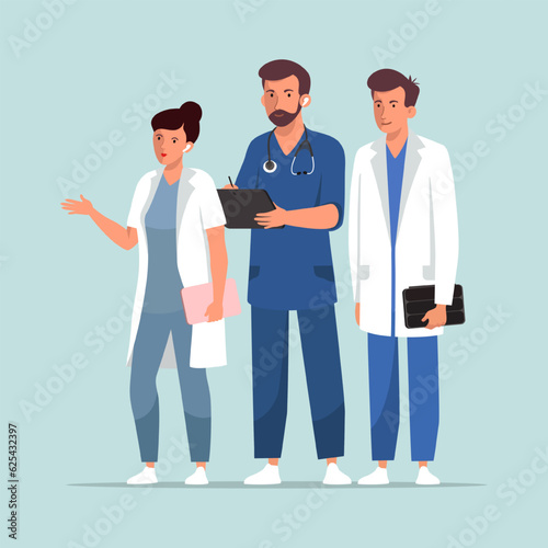 Male doctors holding tablets, female talking to patient. Online medical advice, consultation service and telemedicine. Digital prescriptions and teletherapy. Flat vector illustration in cartoon style