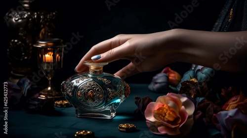 Woman's hand holding perfume bottle on dark background with flowers. Generative AI.