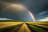 rainbow over the wheat field.generated Ai technology