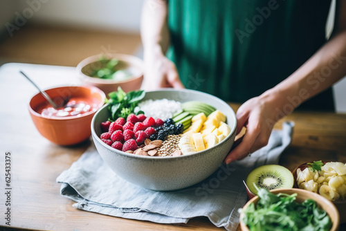 A person preparing a healthy and colorful smoothie bowl with various toppings.