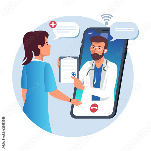 Doctor talking to female via smartphone. Online medical advice, consultation service and telemedicine. Quick and easy way to receive medical advice. Flat vector illustration in cartoon style